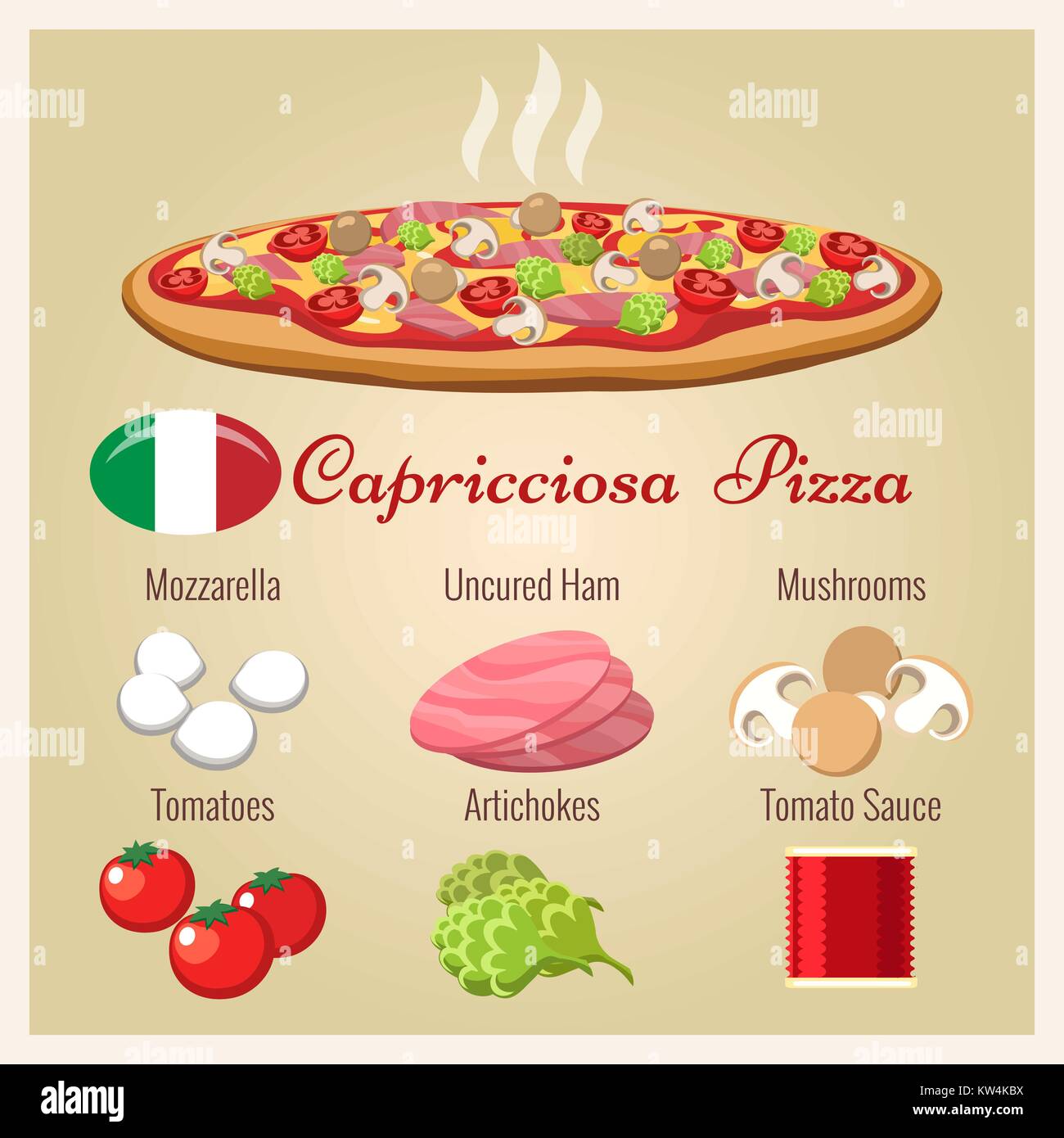 Pizza capricciosa. Cocina italiana pizza preparada con queso mozzarella y jamón cocido italiano, champiñones, alcachofas y tomate, ilustración vectorial Ilustración del Vector