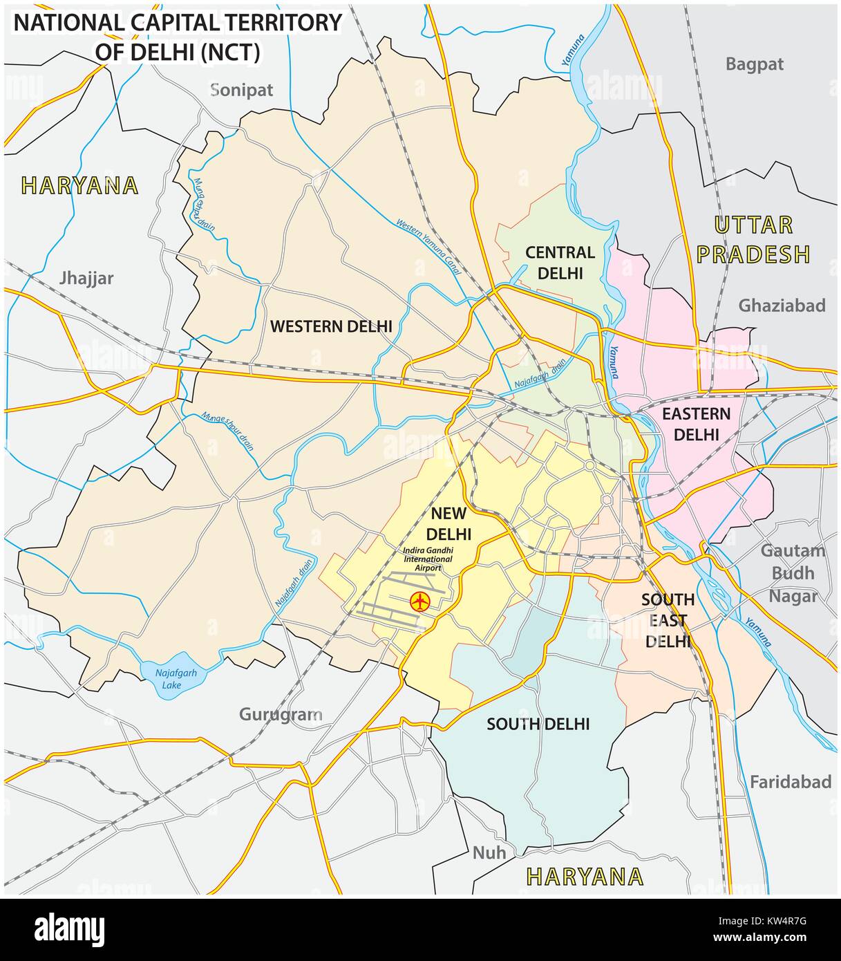 Administrativo, político y mapa callejero del territorio de la Capital Nacional de Delhi (GNC) Ilustración del Vector