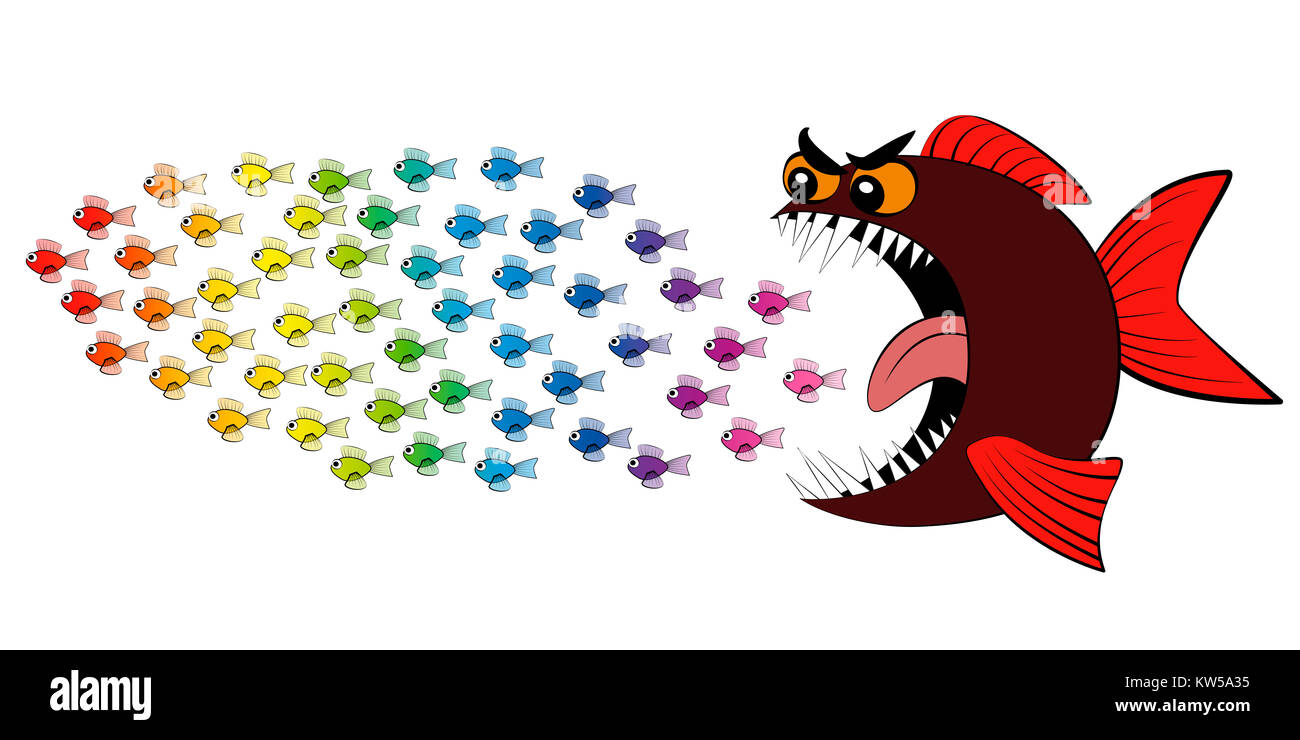 Los peces depredadores persiguiendo cardumen de peces - Ilustración de cómic. Foto de stock
