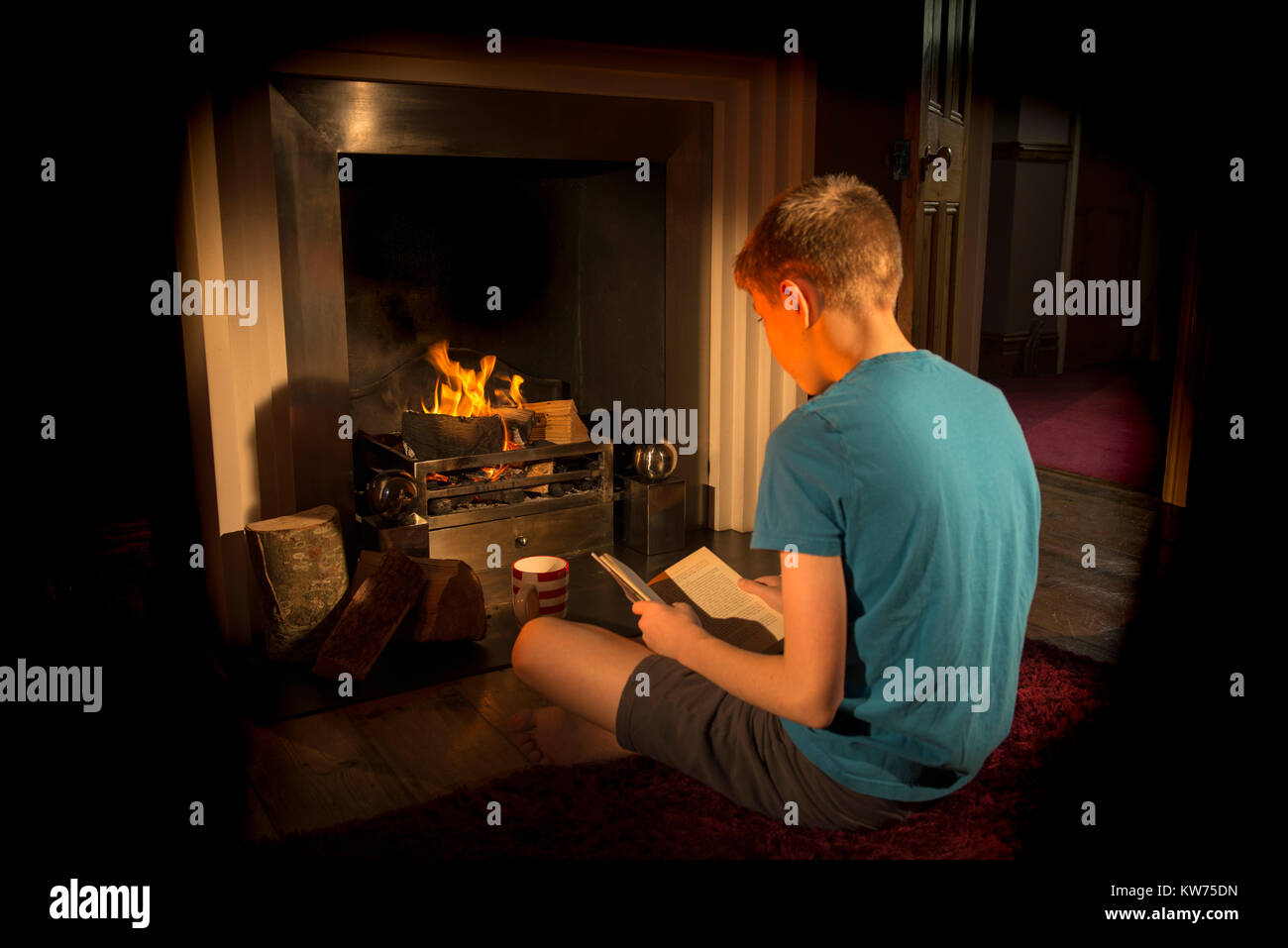 Adolescente leyendo junto al fuego. Hygge Foto de stock