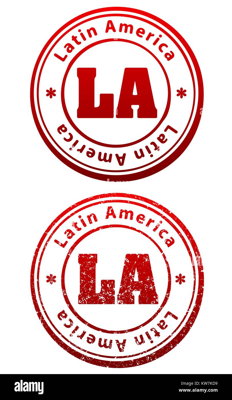 Par de sellos de caucho rojo en el grunge y el estilo sólido con título América Latina y la abreviatura de la Ilustración del Vector