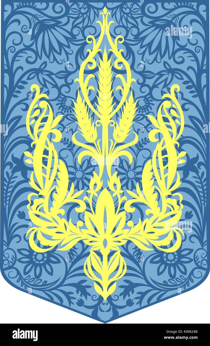 Emblema de Ucrania en los colores de la bandera nacional. Interpretación artística con ornamentación floral. Ilustración del Vector