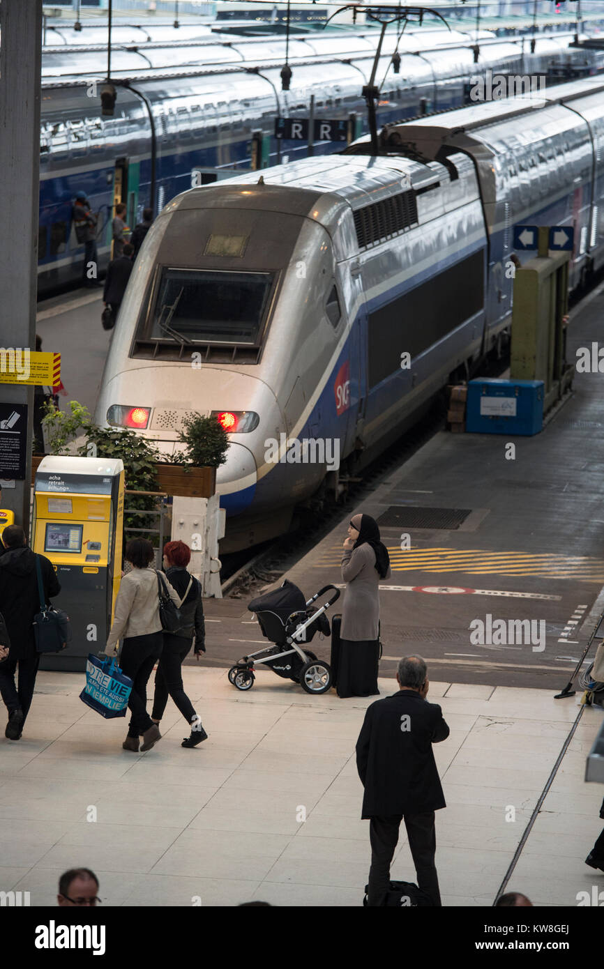 Gente esperando, el hombre en el teléfono, el TGV, el tren de alta velocidad, la Gare de Lyon, París, Francia Foto de stock