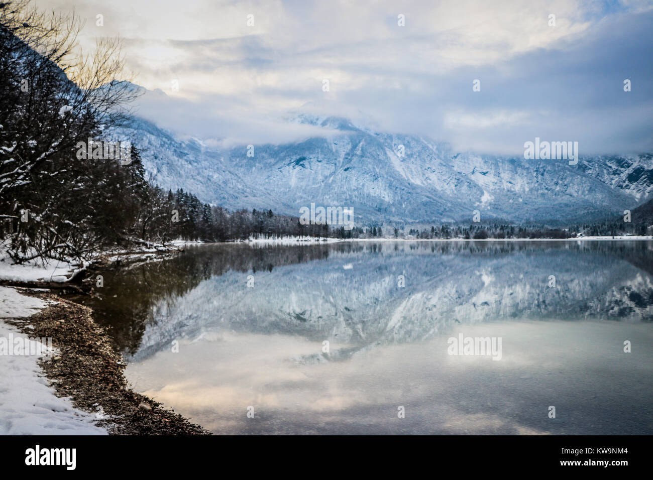 La asombrosa serenidad del lago de Bohinj, Eslovenia, es capturada en esta imagen maravillosa, perfecta para adornar la parte delantera de una tarjeta navideña o postal. Foto de stock