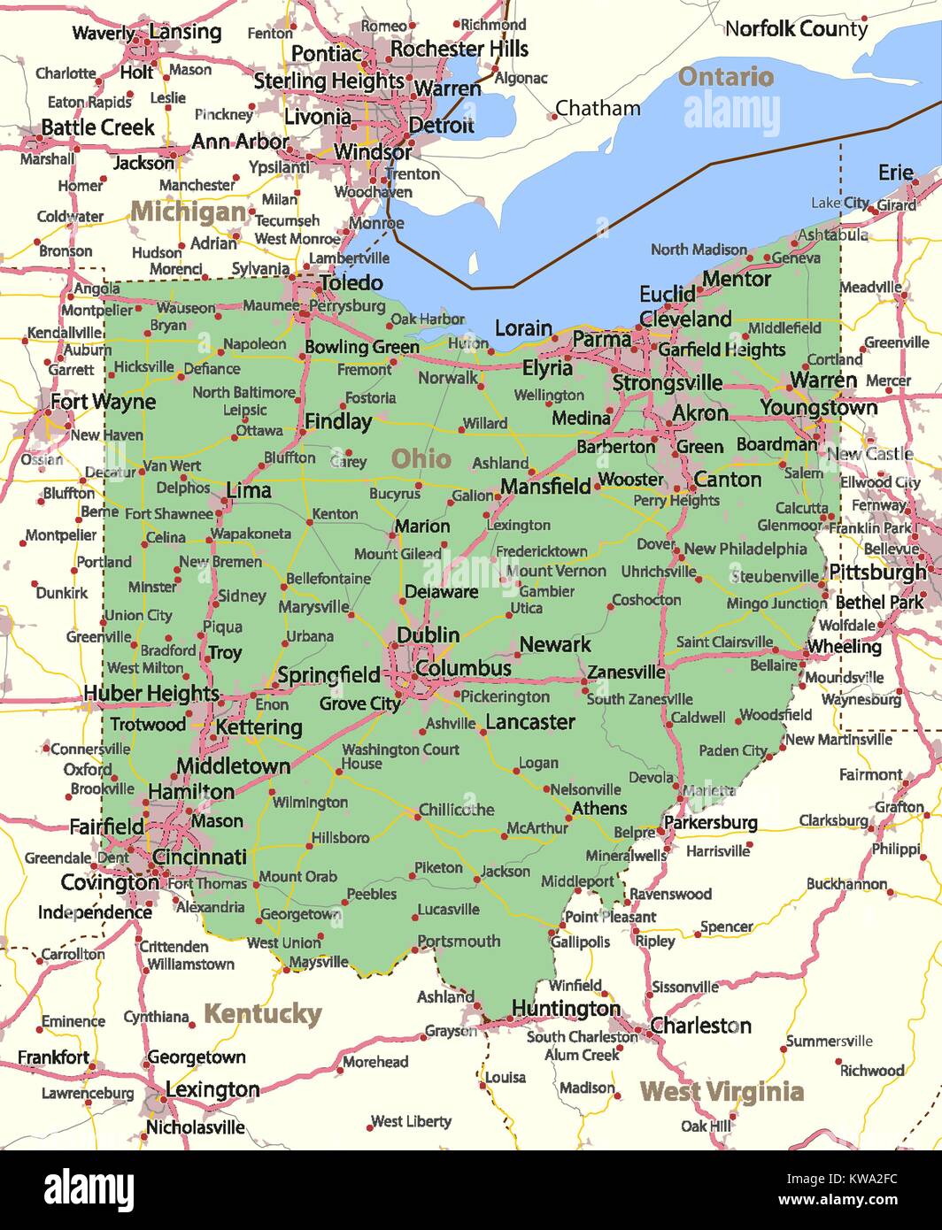 Mapa de Ohio. Muestra las fronteras de los países, las zonas urbanas 