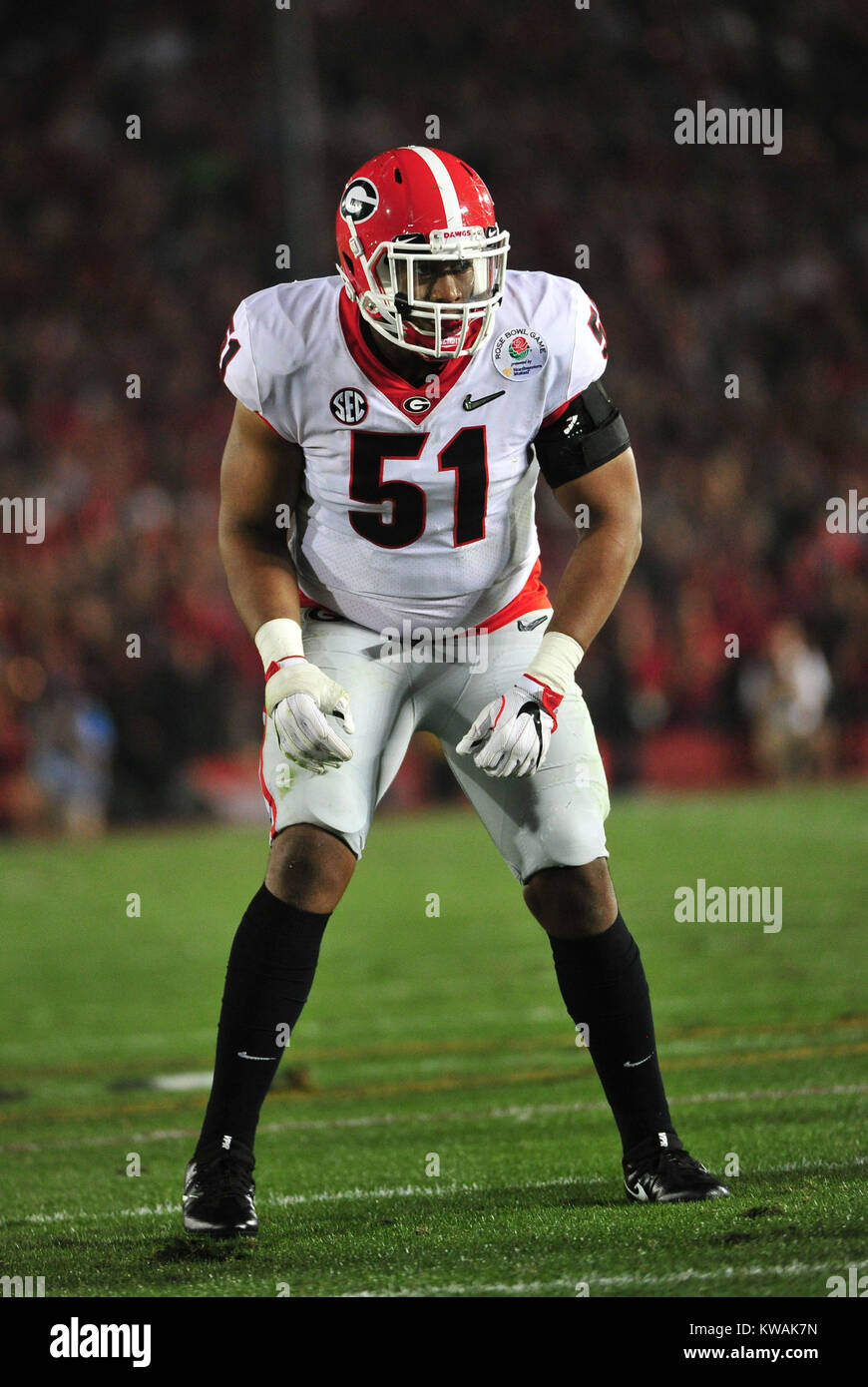 Pasadena, California, USA. 01 ene, 2018. Georgia Bulldogs operación Linebacker David Marshall #51 durante el 2018 Rose Bowl en la semi-final del juego entre los Sooners de Oklahoma y Georgia Bulldogs en el Rose Bowl Stadium de Pasadena, CA. John Green/CSM Crédito: Cal Sport Media/Alamy Live News Foto de stock