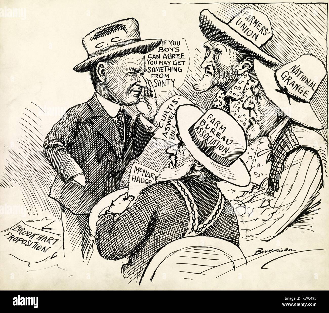 "Si los muchachos pueden acordar que pueden obtener algo de Santy." caricatura muestra al presidente Calvin Coolidge hablando con tres agricultores denominado "Sindicato de Agricultores,' ' National Grange,' y 'Farm Bureau Asociación." como la depresión fue la granja de 1920 persistió, organizaciones de agricultores fueron desunidos y Coolidge's se negó a establecer los precios. Caricatura de Clifford Berryman, noviembre de 1927. (BSLOC 2015 15 137) Foto de stock