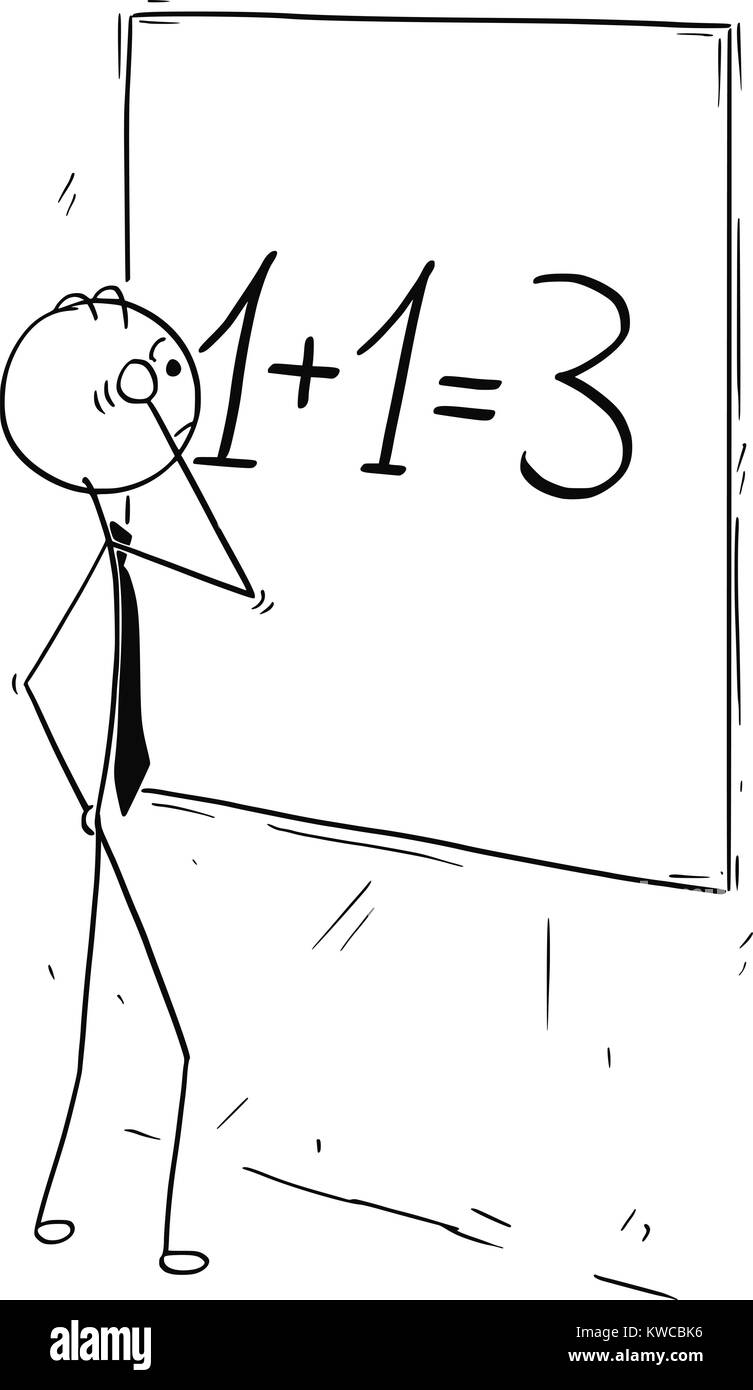 Cartoon stick hombre concepto dibujo ilustración del empresario busca y calculando en wall board.Concepto de sinergia de negocios. Ilustración del Vector