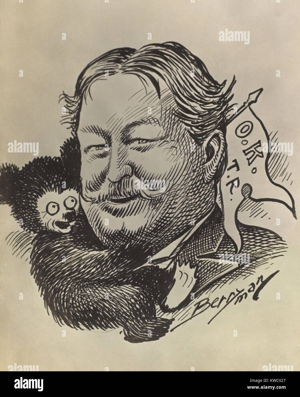 William Howard Taft, siendo abrazada por Teddy Bear celebración pennant O.K. T.R. Theodore Roosevelt defendieron Taft como su sucesor, que lo favorezca por encima de otros aspirantes republicanos incluyendo V.P. Charles Fairbanks, Y N.Y. Gobernador Charles Evans Hughes (BSLOC 2017 2 101) Foto de stock