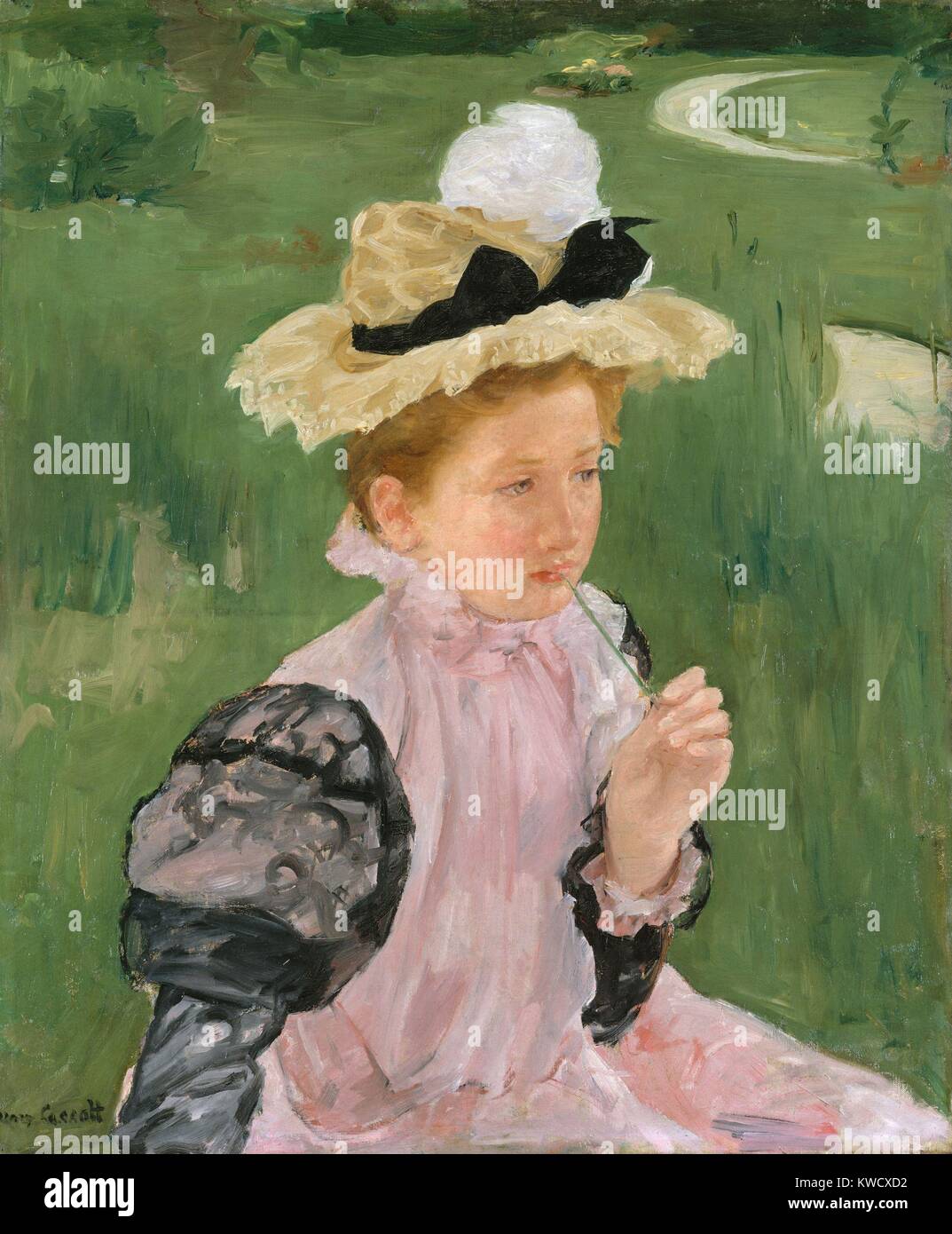 Retrato de una joven, Mary Cassatt, 1899, pintura impresionista francesa, óleo sobre lienzo. Este trabajo adopta el estilo compositivo de la estampa japonesa con su alto mirador, espacio aplanado (BSLOC 2017 3 140) Foto de stock