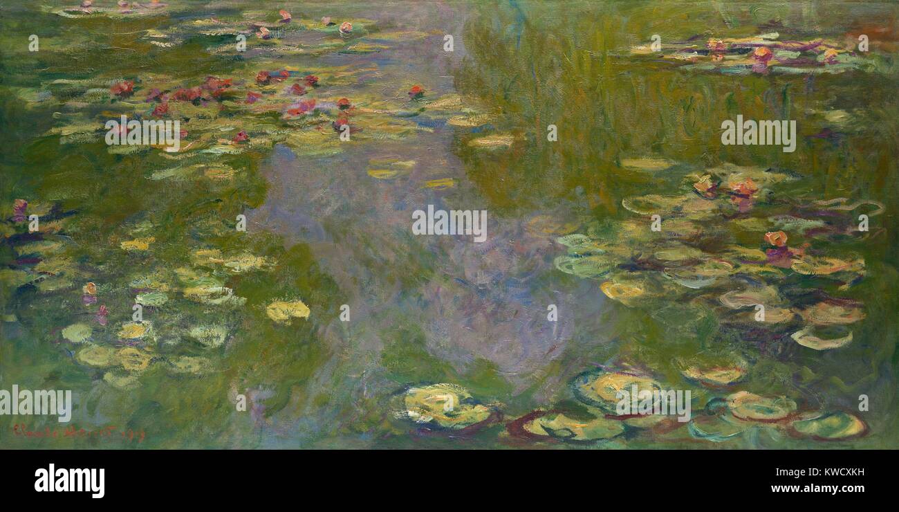 Nenúfares, de Claude Monet, 1919, pintura impresionista francesa, óleo sobre lienzo. Monet dejó muchas de sus obras tardías inacabado, pero este trabajo fue una excepción que firmó y vendido en 1919 (BSLOC 2017 3 51) Foto de stock