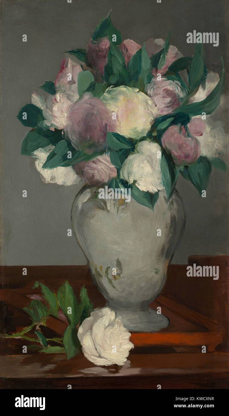 Peonías, por Edouard Manet, 1864-65, la pintura impresionista francesa, óleo sobre lienzo. Las flores grandes pétalos y hojas fueron pintados con su pincelada suelta con colores sutiles (BSLOC 2017 3 8) Foto de stock