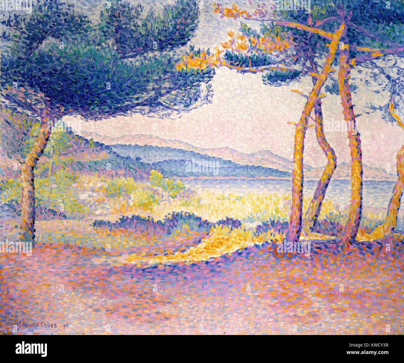 Los pinos a lo largo de la costa, por Henri-Edmond Cross, 1896, Francés Neo-Impressionist, óleo sobre lienzo. Pintado en el sur de Francia en el Mediterráneo (BSLOC 2017 5 104) Foto de stock