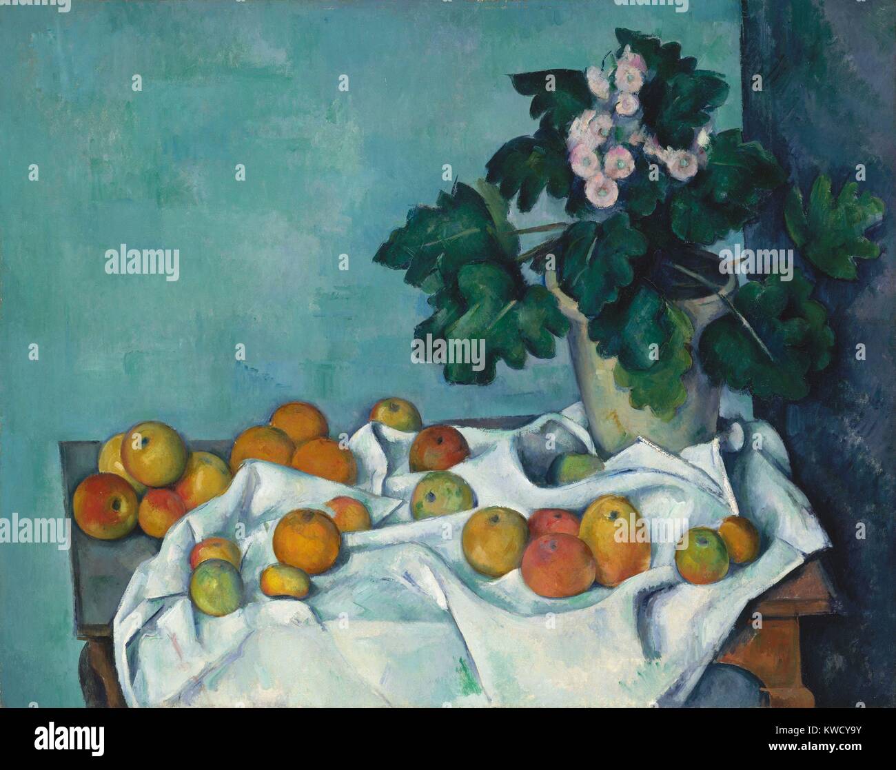 Bodegón con manzanas y una olla de Prímulas, por Paul Cezanne, 1890, Posimpresionismo francés. Monet, el maestro pintor impresionista, una vez propiedad de esta pintura (BSLOC 2017 5 23) Foto de stock