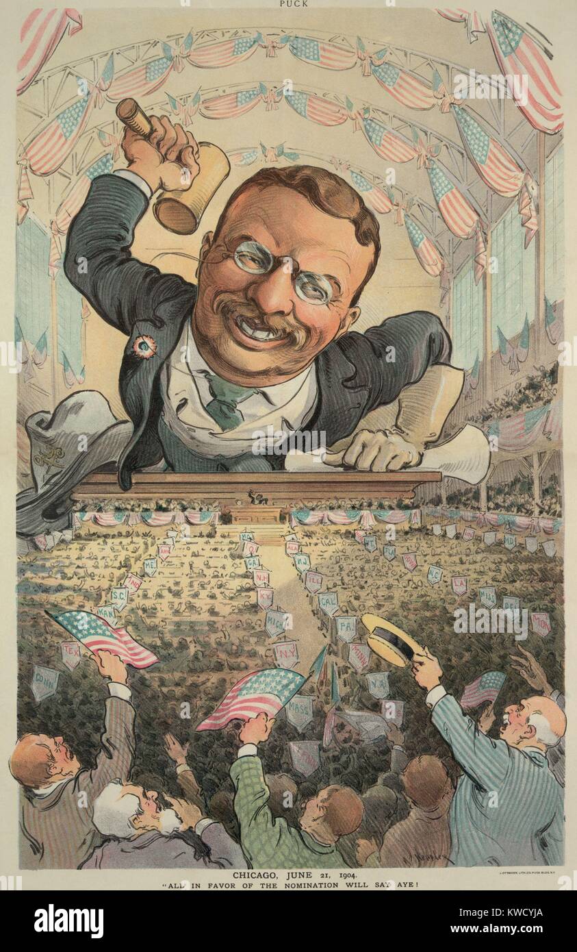 CHICAGO, 21 de junio de 1904. Todo en favor de la nominación deberá decir AYE! Cartoon en el puck Magazine, muestra una enorme Theodore Roosevelt en la Convención Nacional Republicana podium, con delegados de ondear la bandera en primer plano (BSLOC 2017 6 26) Foto de stock