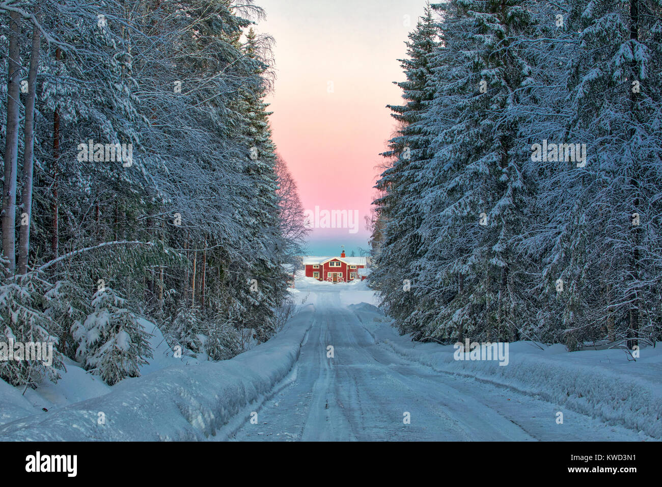 La Sueca Roja casa rural cerca de Lulea, la Laponia sueca, Suecia, Europa Foto de stock