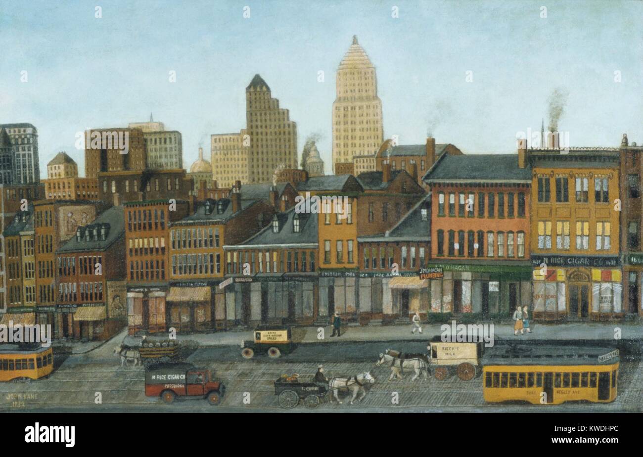 Desde mi ventana del estudio, por John Kane, 1932, pintura americana, óleo  sobre lienzo. Kane pintó este paisaje urbano de Pittsburgh, fue el primer siglo  xx autodidacta pintor ingenuo para ser reconocido