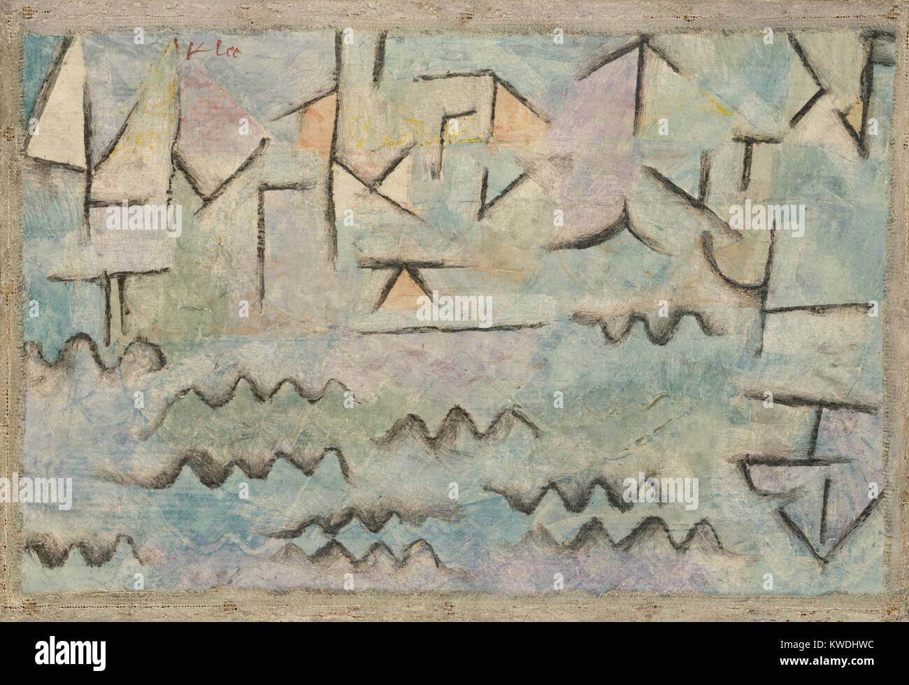 El Rin en Duisburgo, por Paul Klee, 1937, Swiss pintura, aceite y carboncillo sobre cartulina. Resumen Paisaje con río, pintados con símbolos infantiles para ondas en el agua y la lineal Geometría de edificios (BSLOC 2017 7 51) Foto de stock