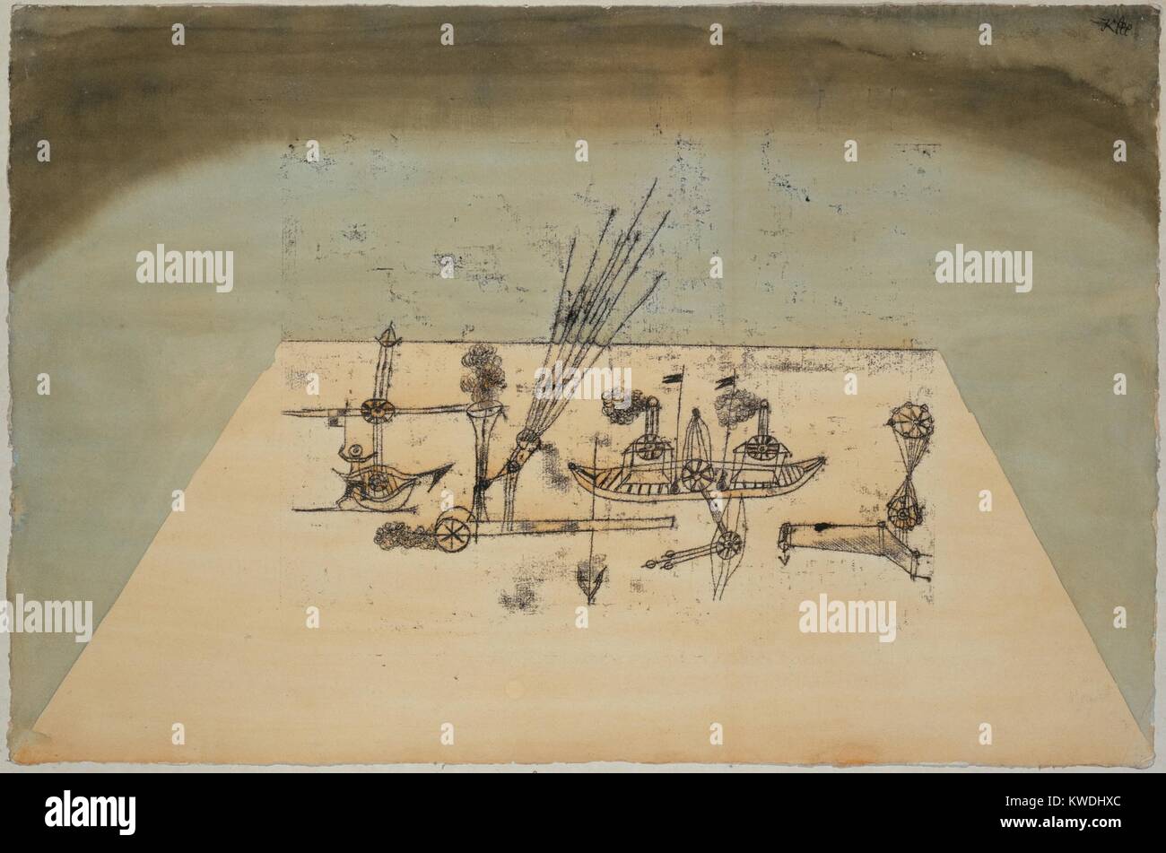 Puerto amarillo, de Paul Klee, 1921, Swiss dibujo, acuarela y tinta sobre papel. Una forma trapezoidal sugiere un espacio rectilíneo en varias máquinas que ocupan espacio y eructo humo. Hay bípedos (figura de la izquierda BSLOC 2017 7 74) Foto de stock