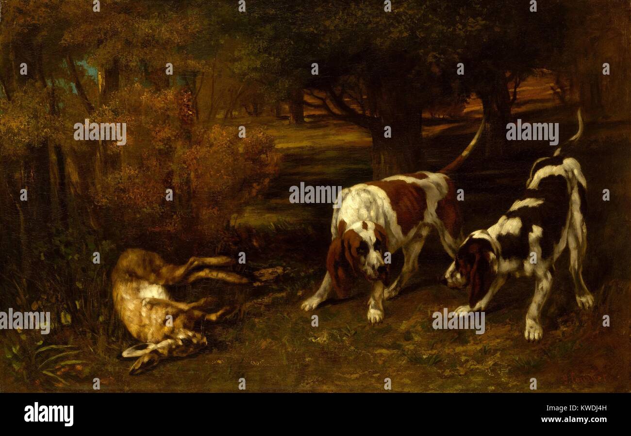 Perros de Caza con liebre, muerta por Gustave Courbet, 1857, pintura francesa, óleo sobre lienzo. Courbet pintó los temas populares de animales y escenas de caza, que fueron muy bien recibidos por los críticos y clientes (BSLOC 2017 9 117) Foto de stock