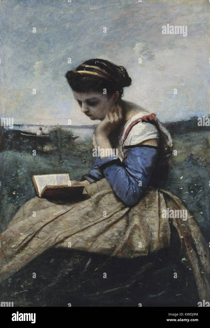 Una mujer leyendo, por Camille Corot, 1869-70, pintura francesa, óleo sobre lienzo. Esta fue la primera figura pintura Corot exhibido en el Salón de París, cuando fue establecido y apreciado artista (BSLOC 2017 9 96) Foto de stock