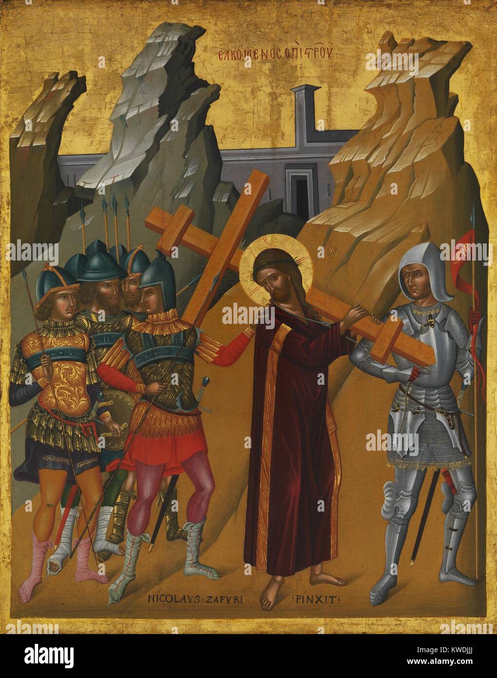 Cristo, llevando la cruz, por Nicolaos Tzafouris, 1475-99, bizantino, el cretense de pintura al óleo. Rodeados por soldados, Cristo lleva la cruz en el Gólgota. La obra es un híbrido del griego bizantino y el estilo del Renacimiento temprano italiano (BSLOC 2017 16 54). Foto de stock