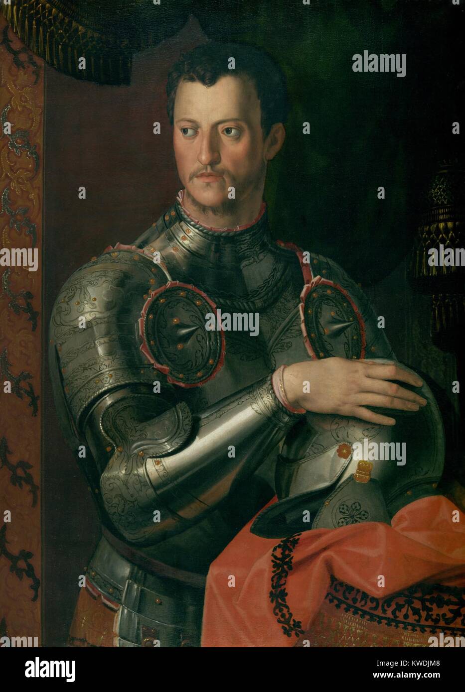 COSINO I de Médicis, Taller de Bronzino, 1550-74, la pintura del Renacimiento Italiano, oleo sobre madera. Cosimo ascendió al poder, cuando el Duque de Florencia, Alessandro de Medici, fue asesinado en 1537. Italia Central fue interrumpido por la guerra regional e internacional durante la mayor parte de sus 34 años de imperio (BSLOC_2017_16_85) Foto de stock