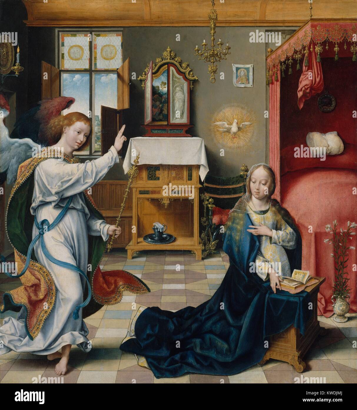 La Anunciación, por Joos van Cleve de 1525, Netherlandish, Northern Renaissance pintura al óleo. El ángel Gabriel y la Virgen María dentro de un interior amueblado elaboradamente. Las figuras están pintadas con graciosa animación y gran detalle (BSLOC 2017 16 92) Foto de stock