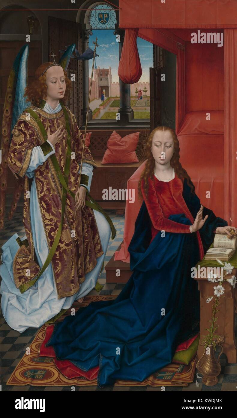 La Anunciación, por Hans Memling, 1465-70, Netherlandish, Northern Renaissance pintura al óleo. El anuncio del ángel Gabriel a la Virgen María que concebiría y convertirse en la madre de Jesús, el Hijo de Dios (BSLOC 2017 16 93) Foto de stock