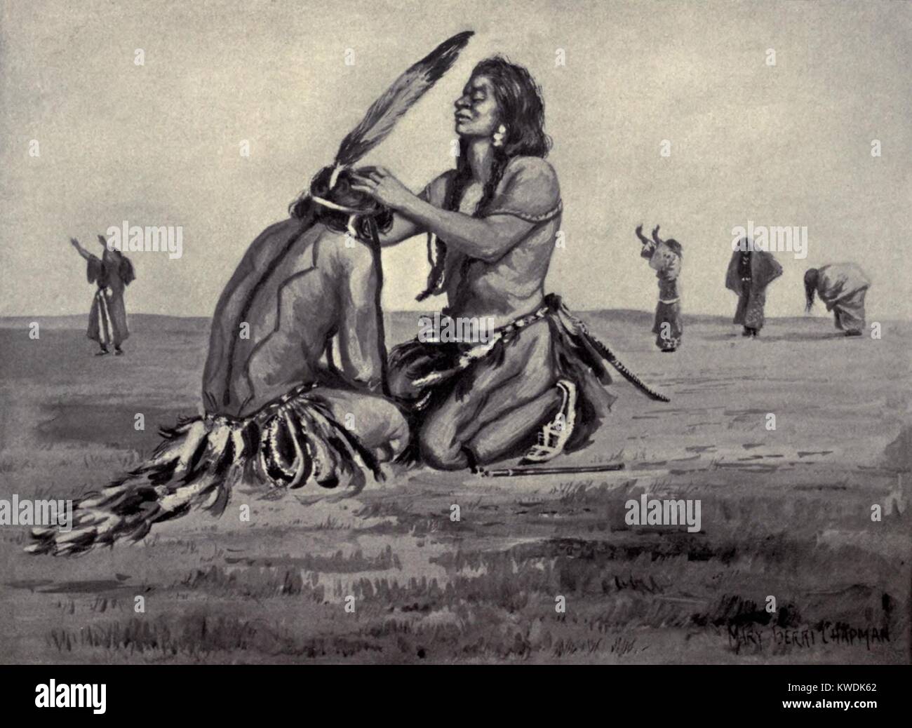Native American Ghost bailarines en la oración, la práctica de la imposición de manos, c. 1890. Reproducción de una pintura de María Irvin Wright (BSLOC 2017 18 7) Foto de stock
