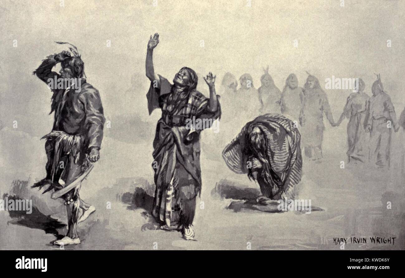 Native American Ghost bailarines abandonó el círculo de la danza durante la inspiración, la oración, y visiones, 1890. Reproducción de una pintura de María Irvin Wright (BSLOC 2017 18 9) Foto de stock