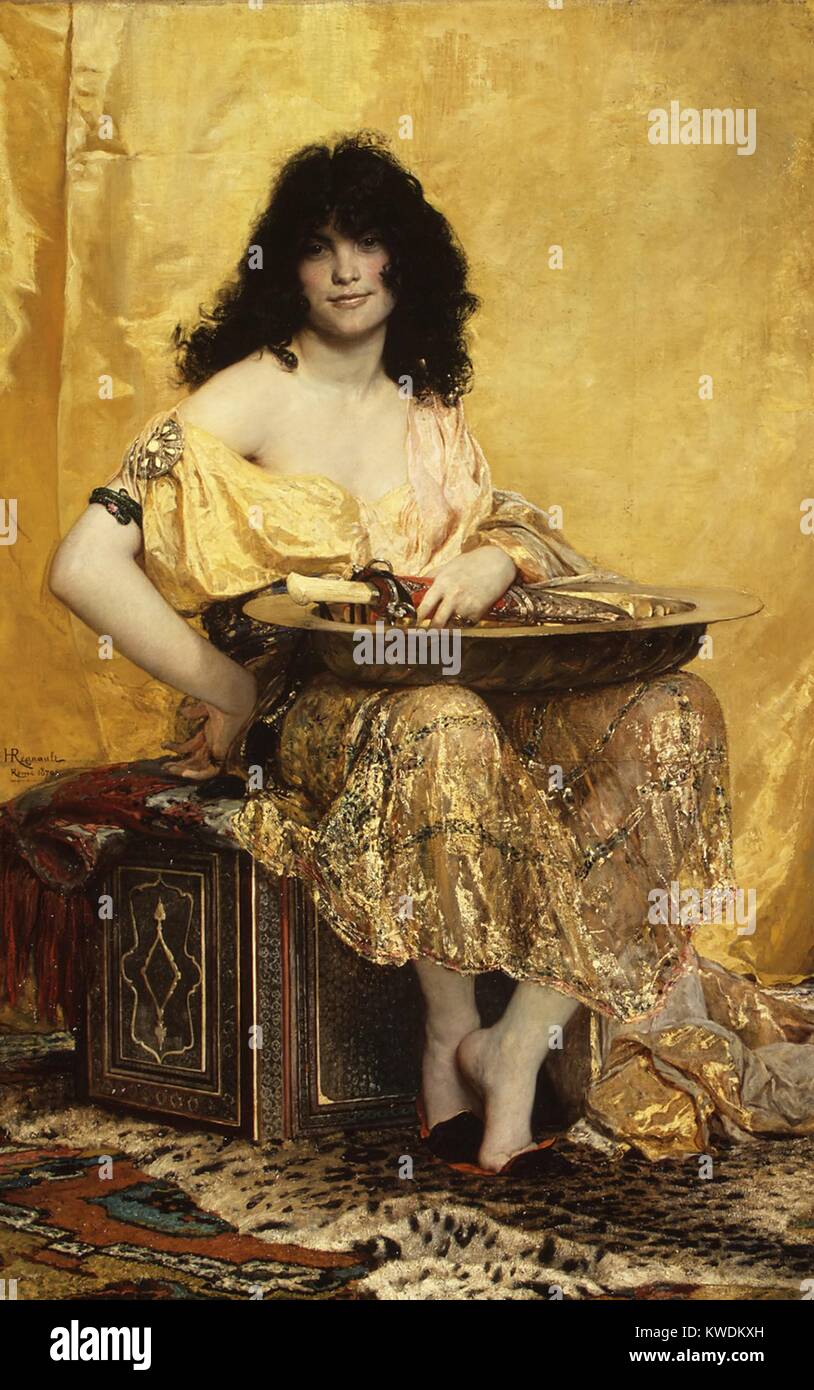 Salomé, por Henri Regnault, 1870, pintura francesa, óleo sobre lienzo. La  bíblica Salomé está representado después bailó para su padrastro Herodes.  El plato y la cuchilla sugieren su recompensa, la cabeza cortada