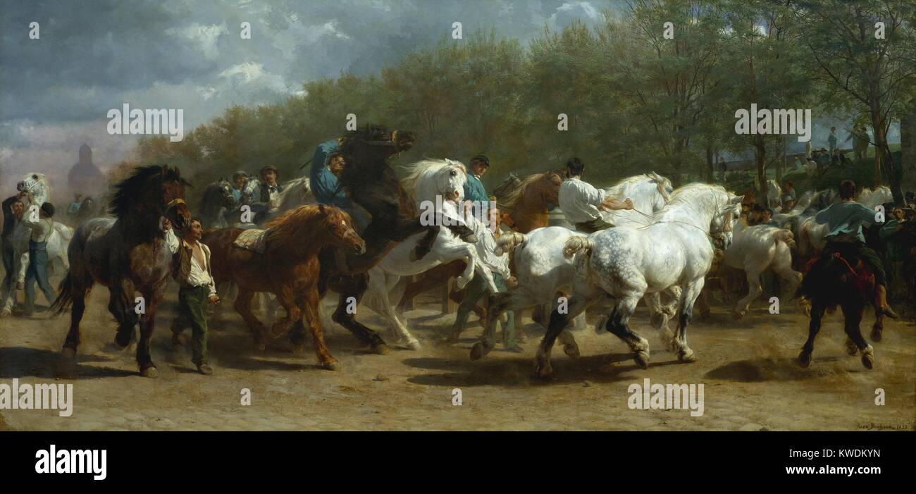 La Feria del Caballo, por Rosa Bonheur, 1852-55, pintura francesa, óleo sobre lienzo. El mercado de caballos en París en el Boulevard de l'Hopital fue pintado durante un periodo de 3 años. Al esbozar el sitio para este trabajo, se viste como un hombre para evitar la atención (BSLOC 2017 9 84) Foto de stock