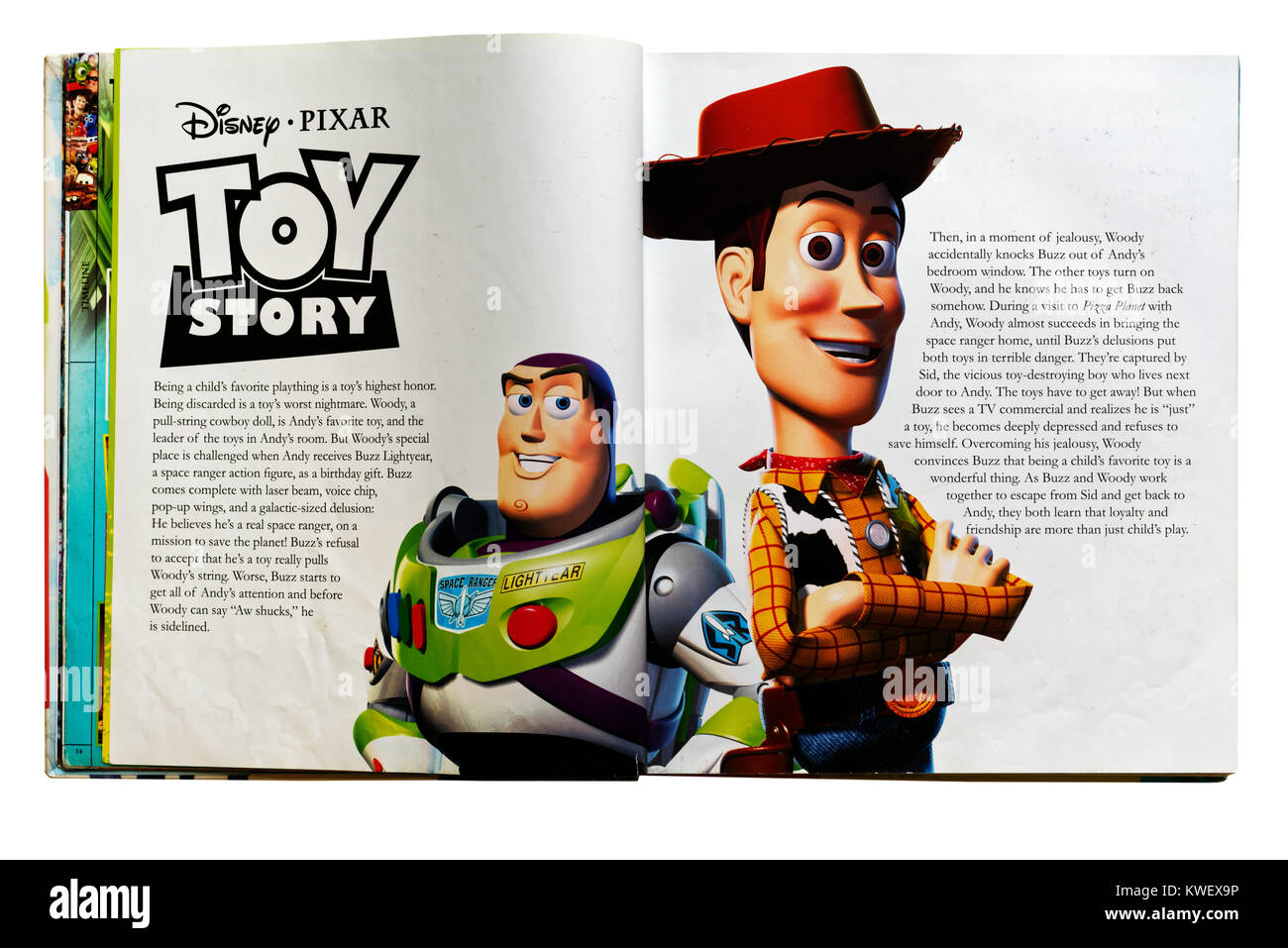 Personajes de Pixar Woody y Buzz Lightyear de la película Toy Story de Pixar en una guía de carácter Foto de stock