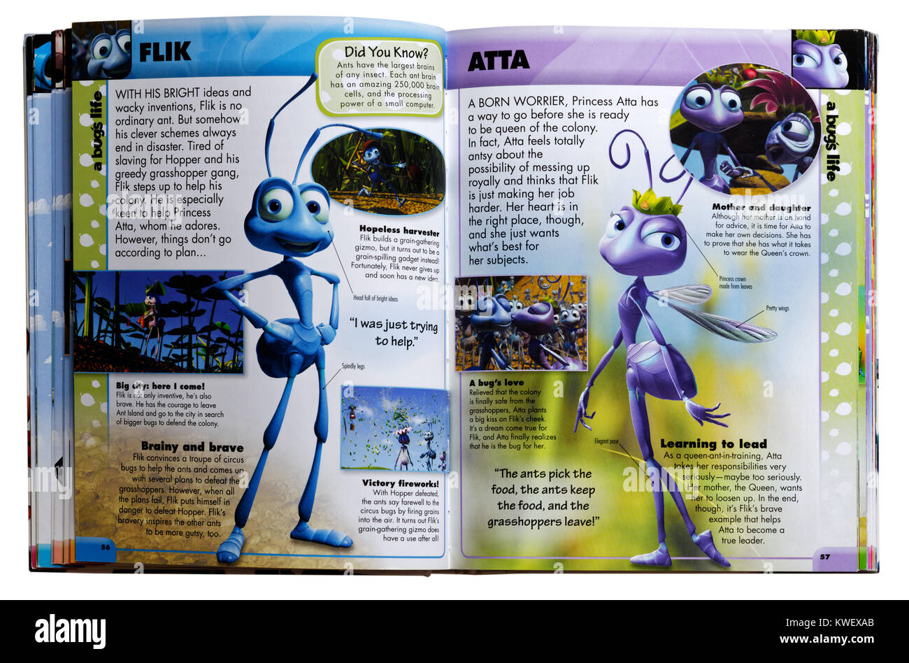Personajes de Pixar y Flik Atta de la película A Bug's Life en una guía de personajes de Pixar Foto de stock