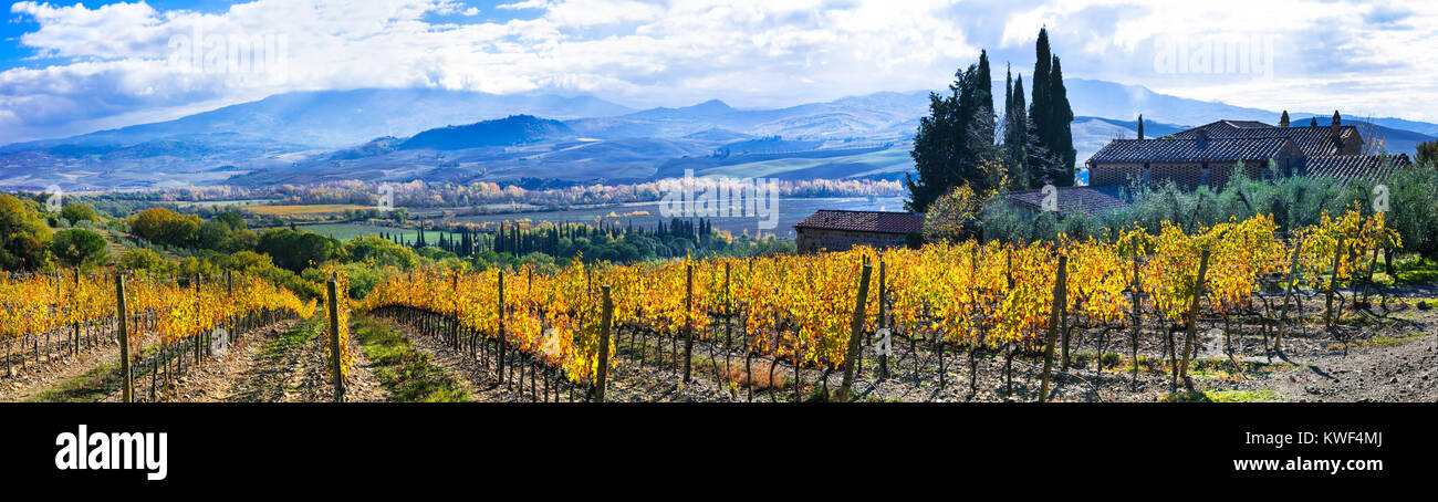 Impresionante paisaje otoñal,ver con montañas y viñedos, Toscana, Italia. Foto de stock