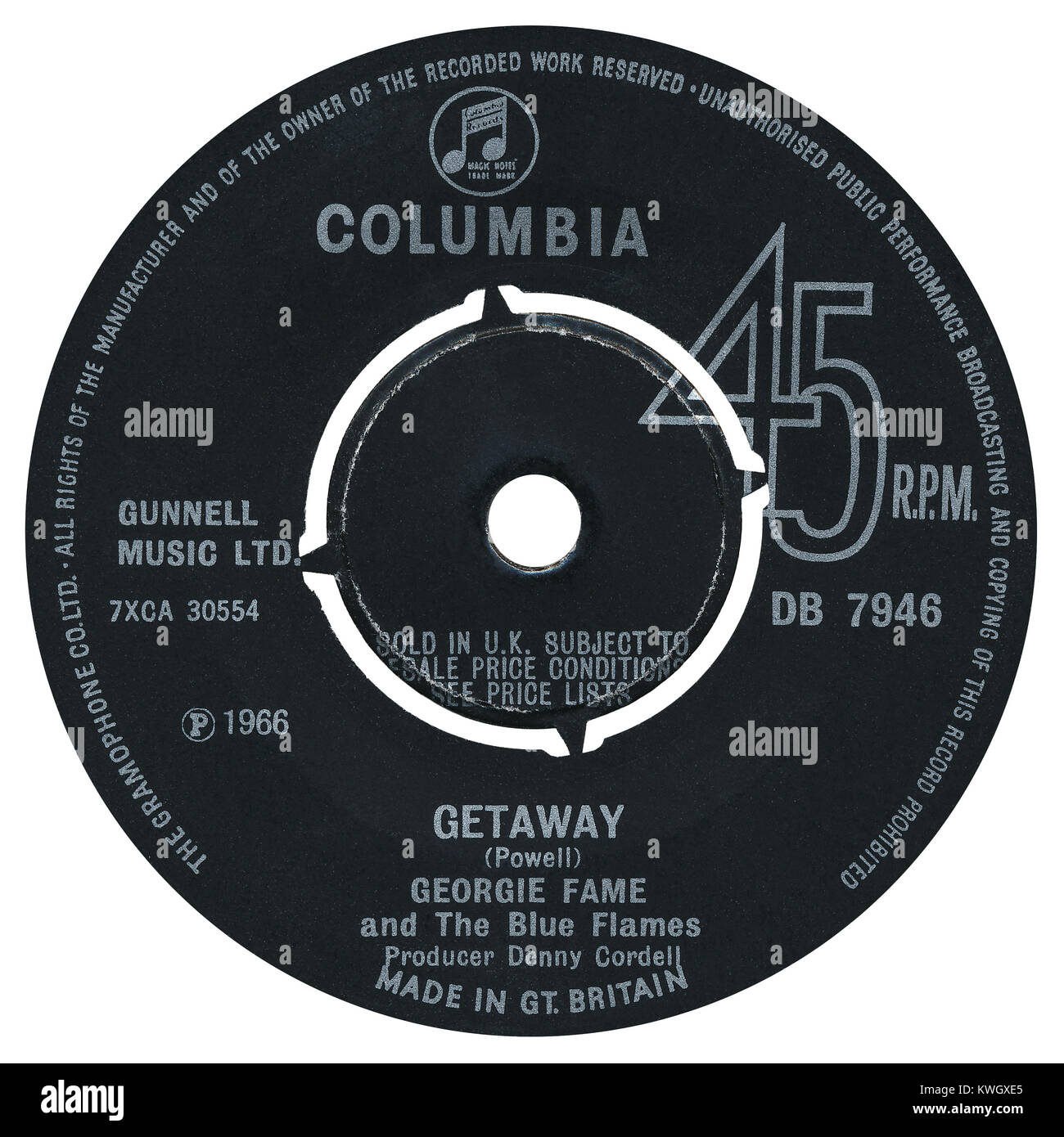 45 RPM 7' UK discográfica de escapada por Georgie Fame y el azul de las llamas. Escrito por Georgie Fame como Clive Powell y producido por Denny Cordell. Lanzado en junio de 1966, por el sello Columbia. Foto de stock