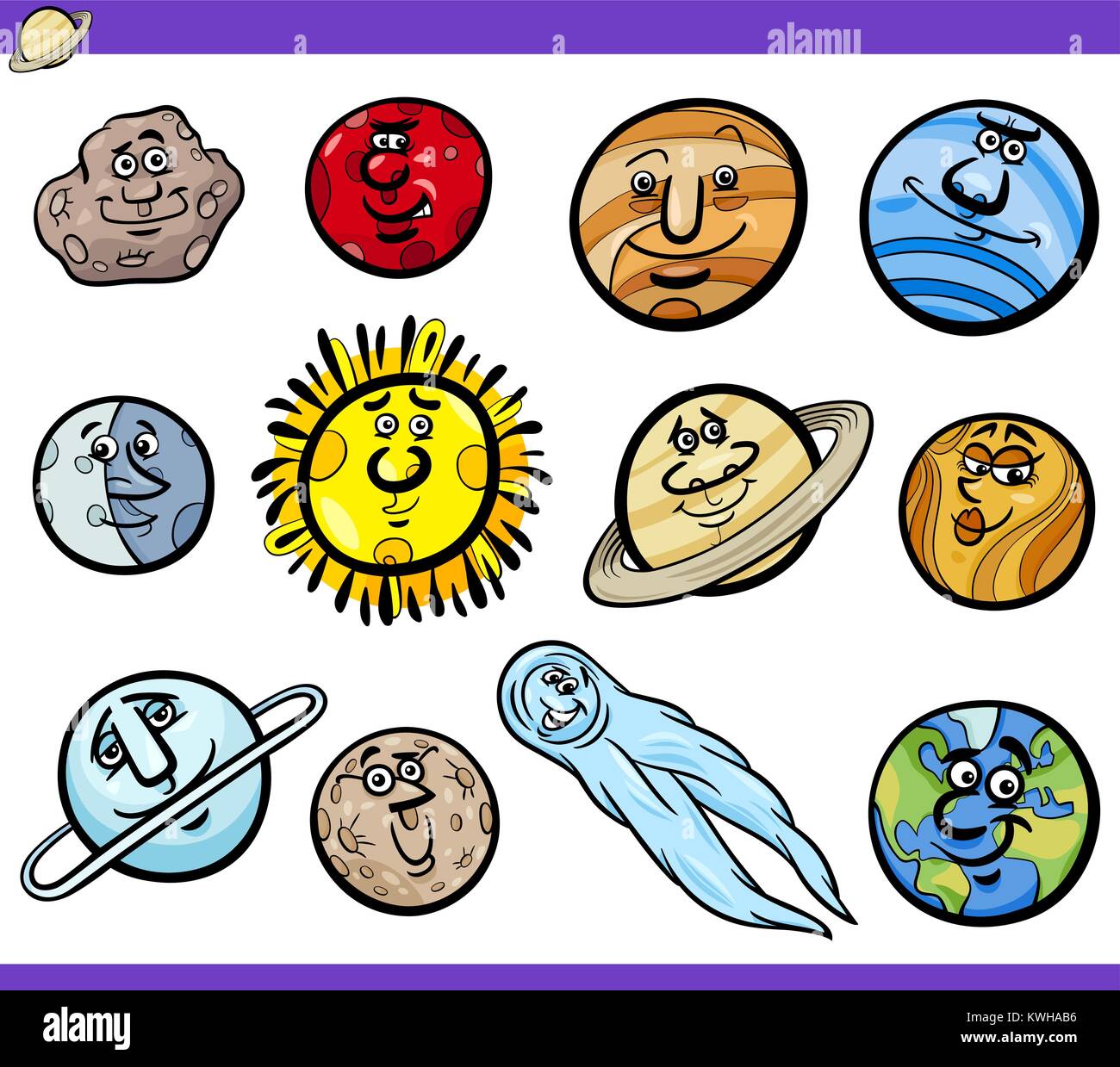 Ilustración caricatura divertida de Orb y los planetas del Sistema Solar espacio personajes cómicos Ilustración del Vector