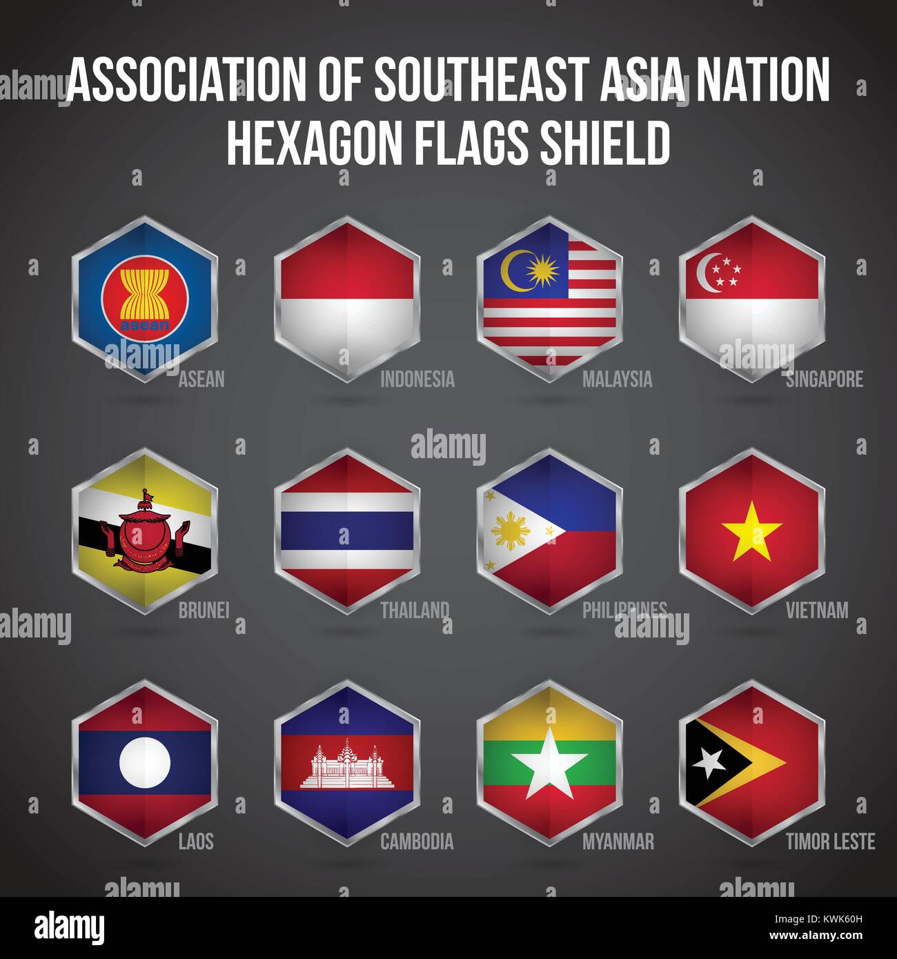 Asociación de Naciones del Asia Sudoriental Escudo banderas hexagonal Ilustración del Vector
