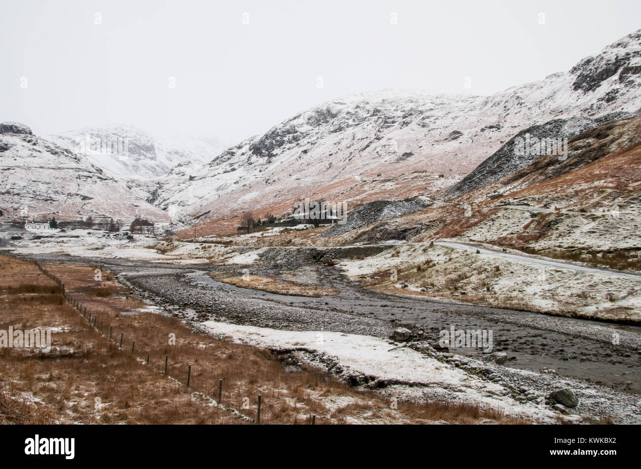 Una vista de un valle con unas pocas casas, Arroyo, rodeado de montañas cubiertas de nieve y algunas canteras de piedra anterior actividad. Foto de stock