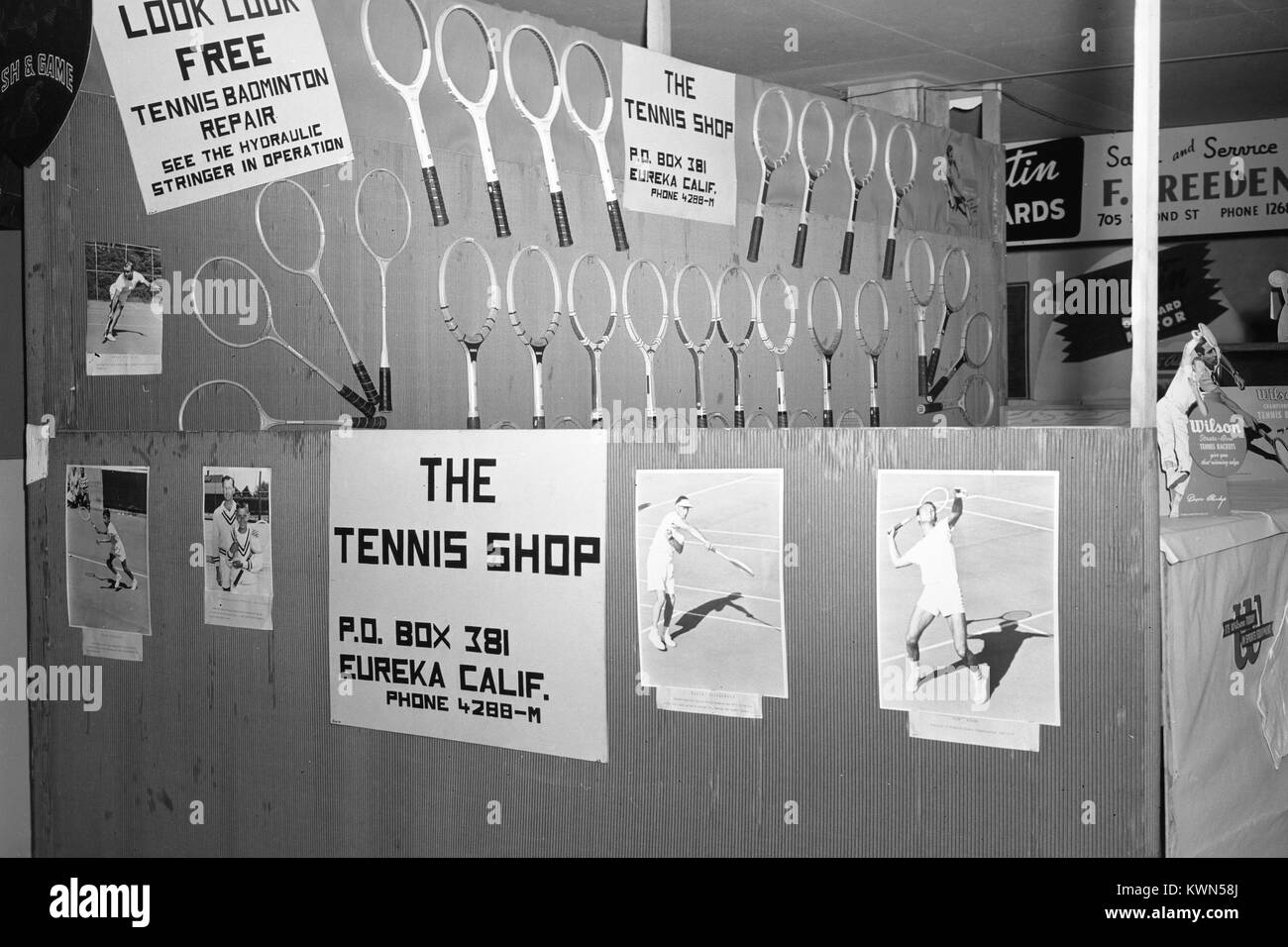 Equipo de tenis está en exhibición en una tienda con letreros leyendo la tienda de deportes en Eureka, California, en 1950. Foto de stock