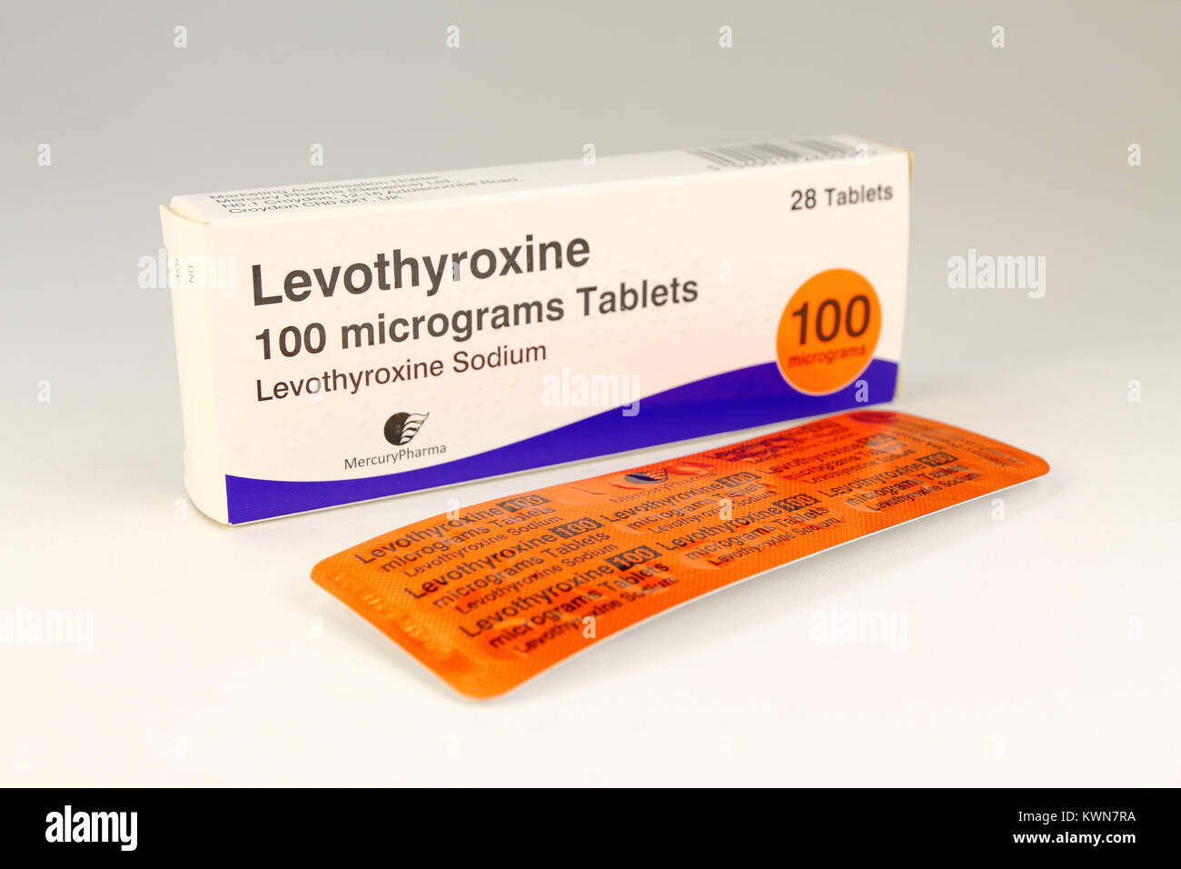 La levotiroxina, nombre comercial de un medicamento para el tratamiento de la glándula tiroides hipoactiva Foto de stock