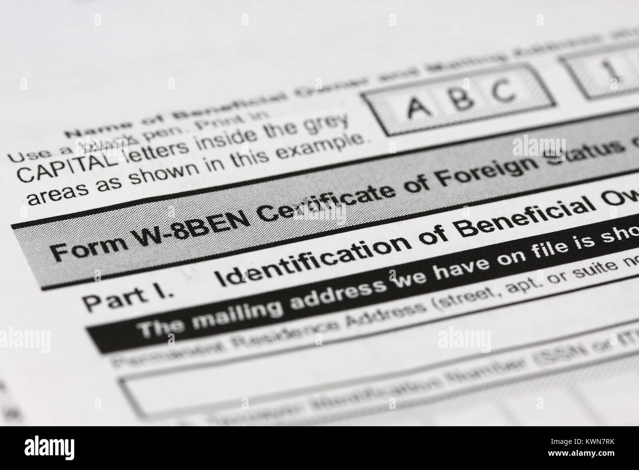 Formulario W-8BEN Certificado de Estado externo del propietario Beneficlal Foto de stock