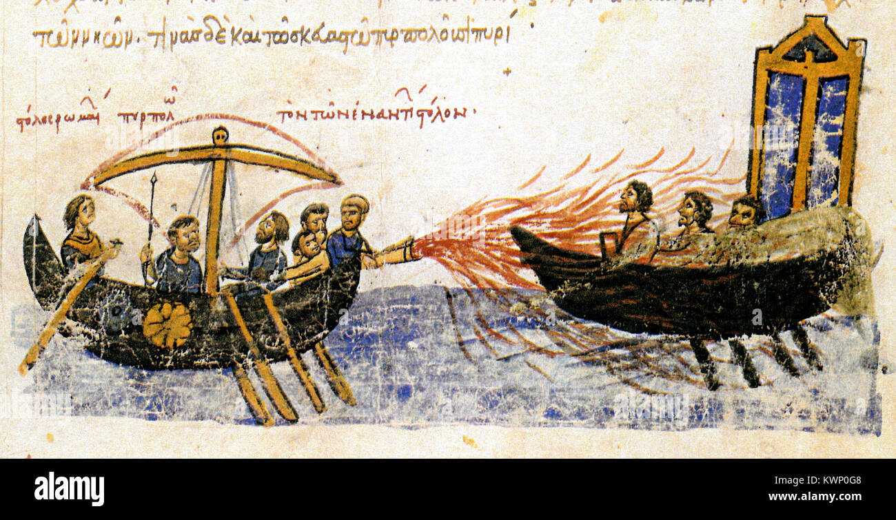 Representación de fuego griego en el Madrid Skylitzes, fuego griego era un arma incendiaria utilizada por el romano de Oriente (Imperio bizantino) que se desarrolló por primera vez, 672 Foto de stock