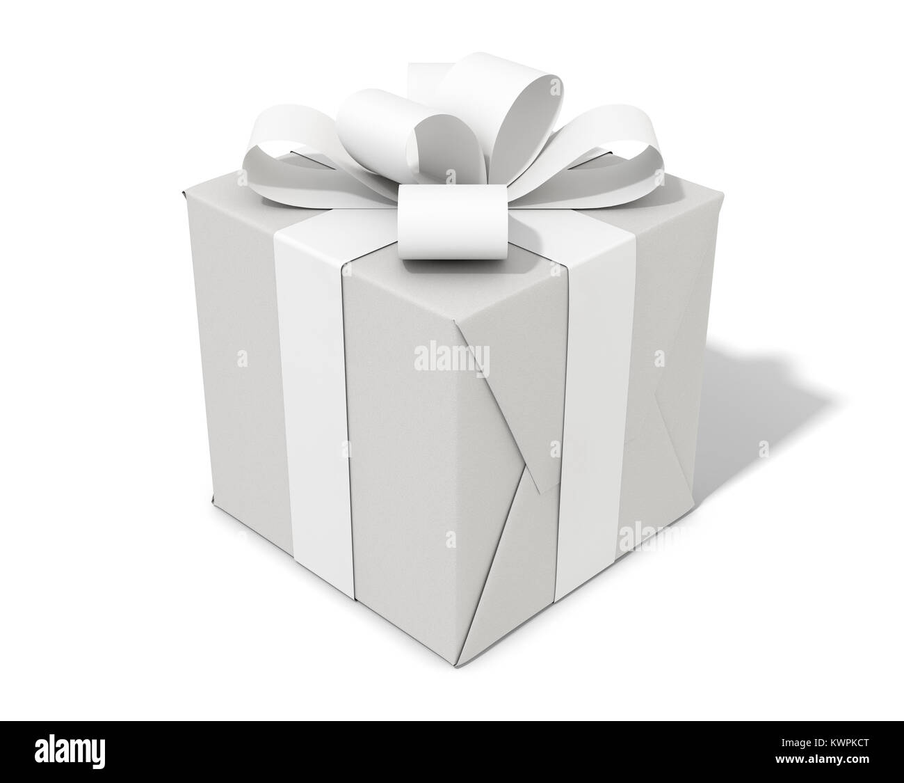 Un regalo en forma de cubo blanco envuelto en papel de envolver y atado con un lazo blanco limpio y la cinta sobre un fondo blanco aislado studio - 3D Render Foto de stock