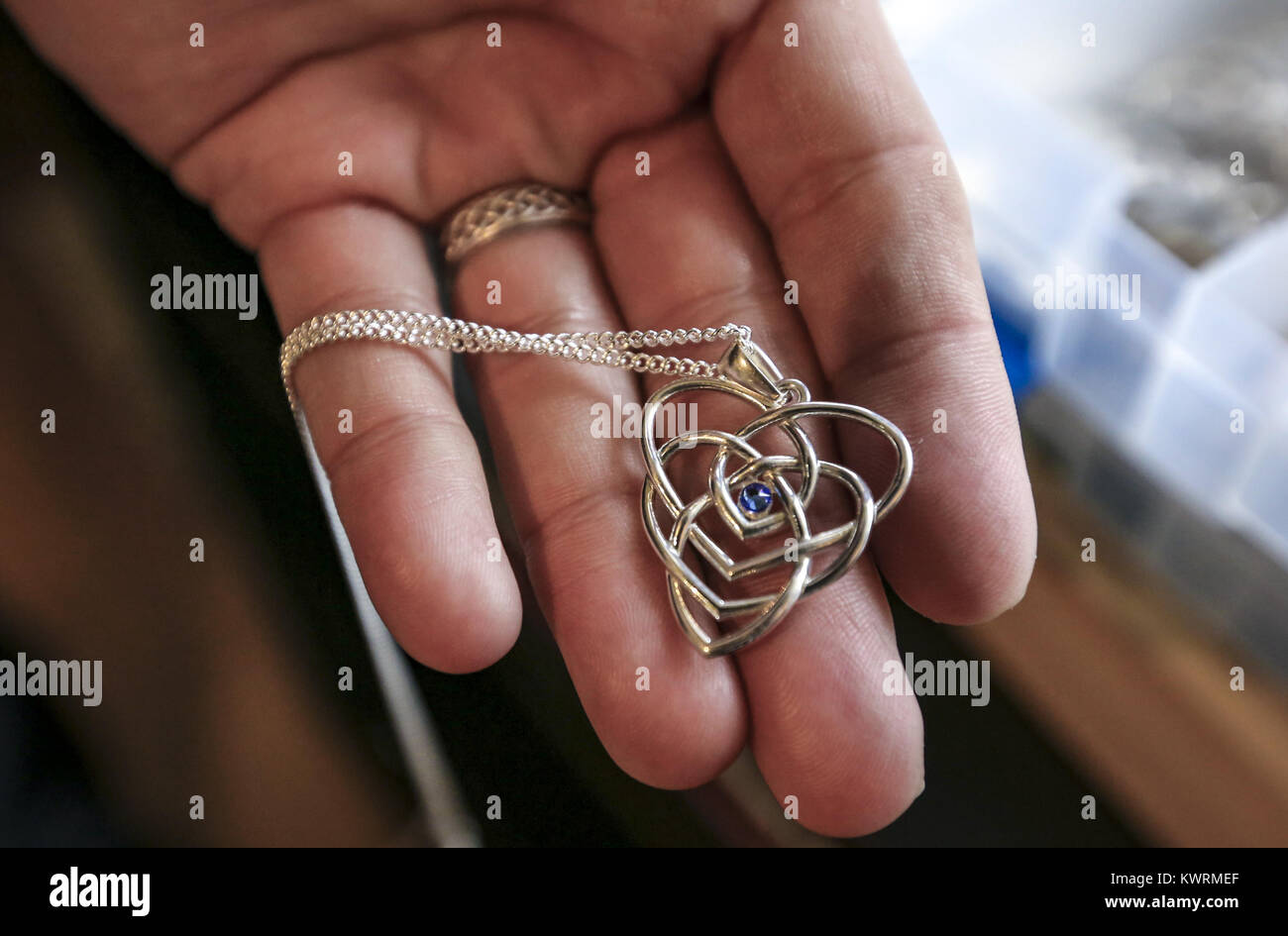 Davenport, Iowa, EE.UU. El 22 de enero, 2017. El diseñador de joyas Dan  Foley tiene uno de sus más conocidos diseños collar con una gema incrustada  en su casa en Davenport el
