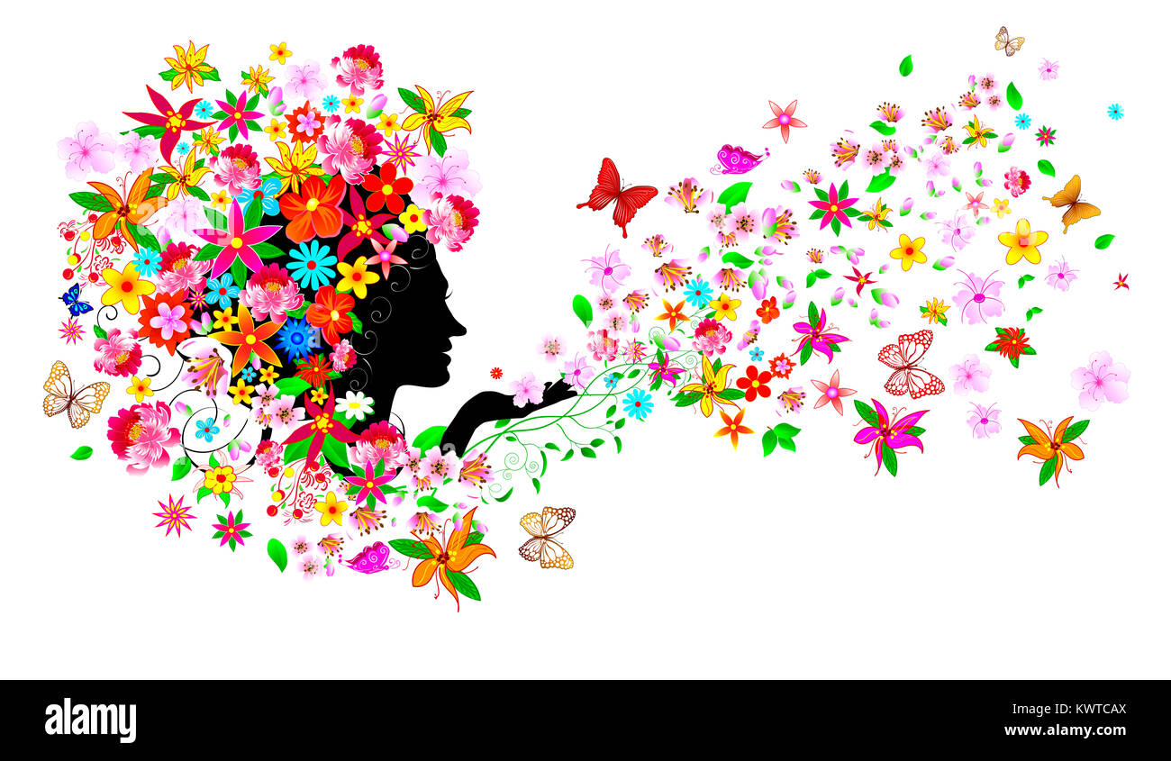 Silueta de un rostro de mujer entre flores y mariposas. Muchacha con flores  y mariposas.Una muchacha con flores y mariposas en su cabeza y en h  Fotografía de stock - Alamy