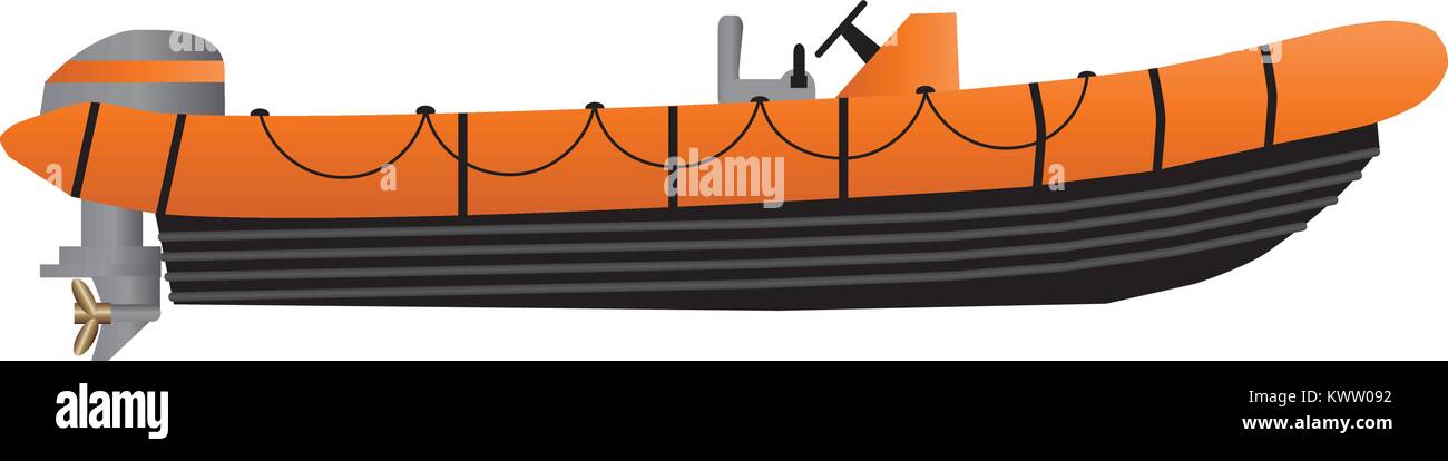 Una ilustración vectorial de una naranja gris y negro de alta velocidad de bajura inflables bote de rescate con un potente motor fuera de borda aislado en blanco Ilustración del Vector