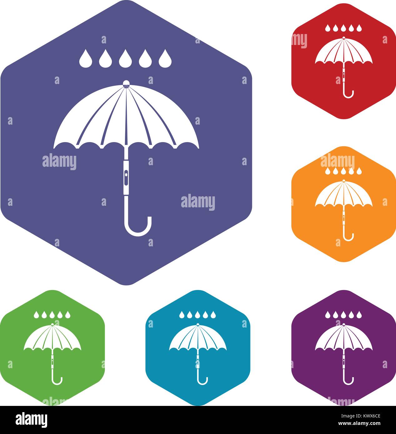 Paraguas y gotas de lluvia iconos en rombos en distintos colores aislado sobre fondo blanco. Ilustración del Vector