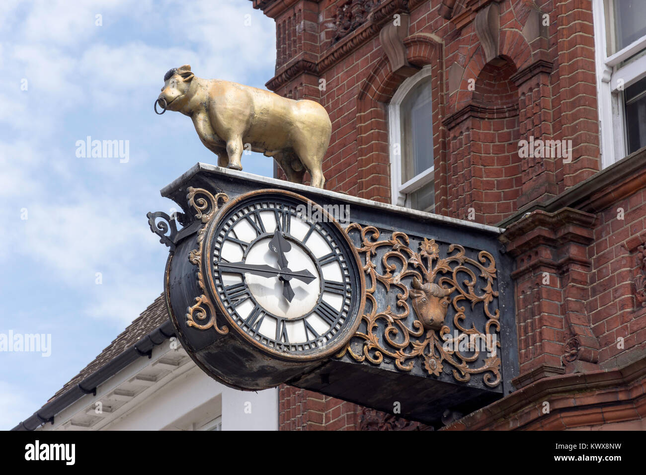 Reloj de Toro dorado, High Street, Bedford, Bedfordshire, Inglaterra, Reino Unido Foto de stock